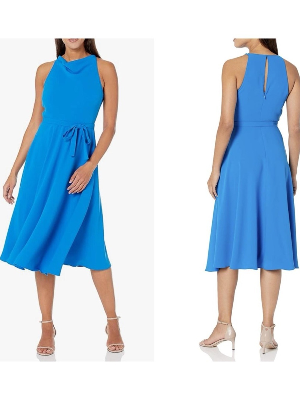 Amanda Uprichard Elondra drape neck electric blue sleeveless midi dress